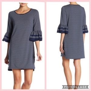 NWT MaxStudio Chic Ruffle Cuff Navy Stripe Dress